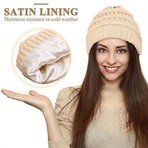 Chunky Knit Beige Beanie Cap Hat, Satin Lined